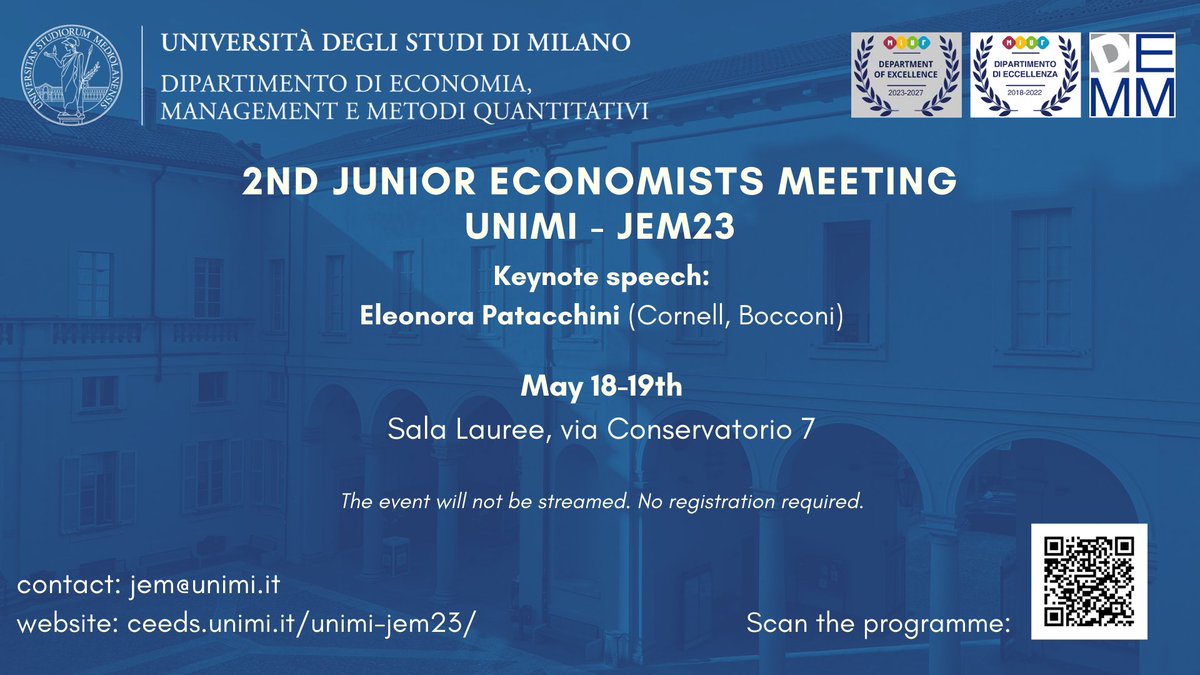 ❗️❗️#EconTwitter ⏰🗓️Tomorrow and Friday 19th @LaStatale 2nd Junior Economists Meeting 🔻Sala Lauree, via Conservatorio 7, Milano 🎙️ @EleonoraPatacc2 Check it out! ceeds.unimi.it/unimi-jem23/ @VeronicaRattini @smnferro @AndreaRiganti1 @alessio_romarri
