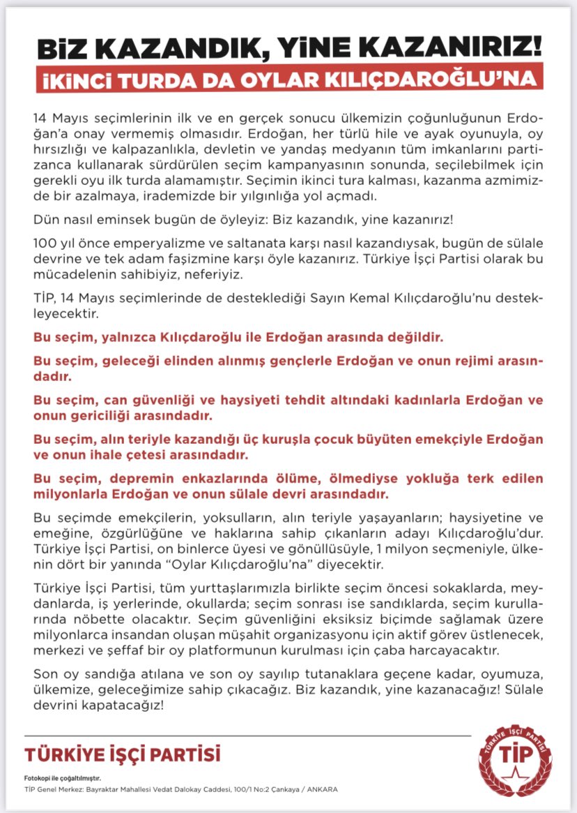 Seçim hırsızlıkları, usulsüzlükleriyle ilgili çalışmaları görevli arkadaşlarımız sürdürüyor. 
Kaybedecek vakit yok.
Azınlığa düşmüş Erdoğan’ı kesin yenilgiyle uğurlamak bizim elimizde.
Tüm yoldaşlarımızı, dostlarımızı harekete geçmeye çağırıyorum.

Başaracağız.