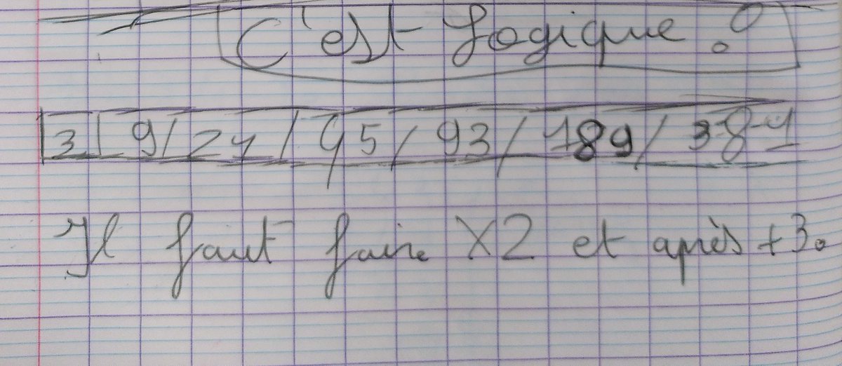 SaintCm1's tweet photo. @DefiEurekaMaths @mathsenvie @aefeinfo @eduscol_prim @mlfmonde Presque autant de façon d'expliquer la réponse que de cerveaux dans la classe, ce matin! Si on met de côté les erreurs de calcul, nous trouvons 189 puis 381 pour les deux derniers nombres de la suite. https://t.co/c4ue2nWx6h