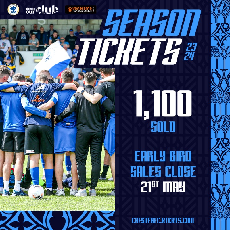 ChesterFC's tweet photo. 1⃣,1⃣0⃣0⃣ #ChesterFC Season Tickets have now been sold for 2023/24. Superb. 🤩

This is #OurClub. 🔵⚪️

🎫 You have until 𝗦𝘂𝗻𝗱𝗮𝘆 to take advantage of 𝗘𝗮𝗿𝗹𝘆 𝗕𝗶𝗿𝗱 𝘀𝗮𝘃𝗶𝗻𝗴𝘀 and the 𝗜𝗻𝘀𝘁𝗮𝗹𝗺𝗲𝗻𝘁 𝗣𝗹𝗮𝗻! 👇