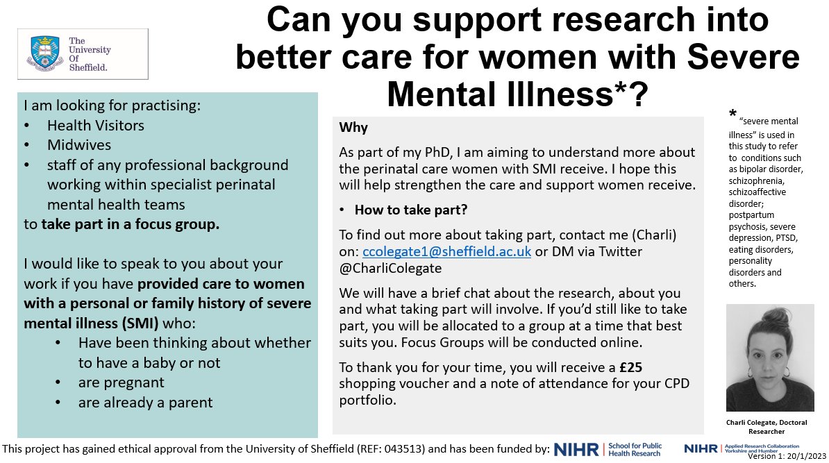 CALL FOR HEALTH PROFESSIONAL PARTICIPANTS for PhD project, info 👇. Hope findings will help improve inequalities in care. If you are interested in taking part, please email: ccolegate1@sheffield.ac.uk or DM for more info. #maternalmentalhealth #maternalmhmatters
