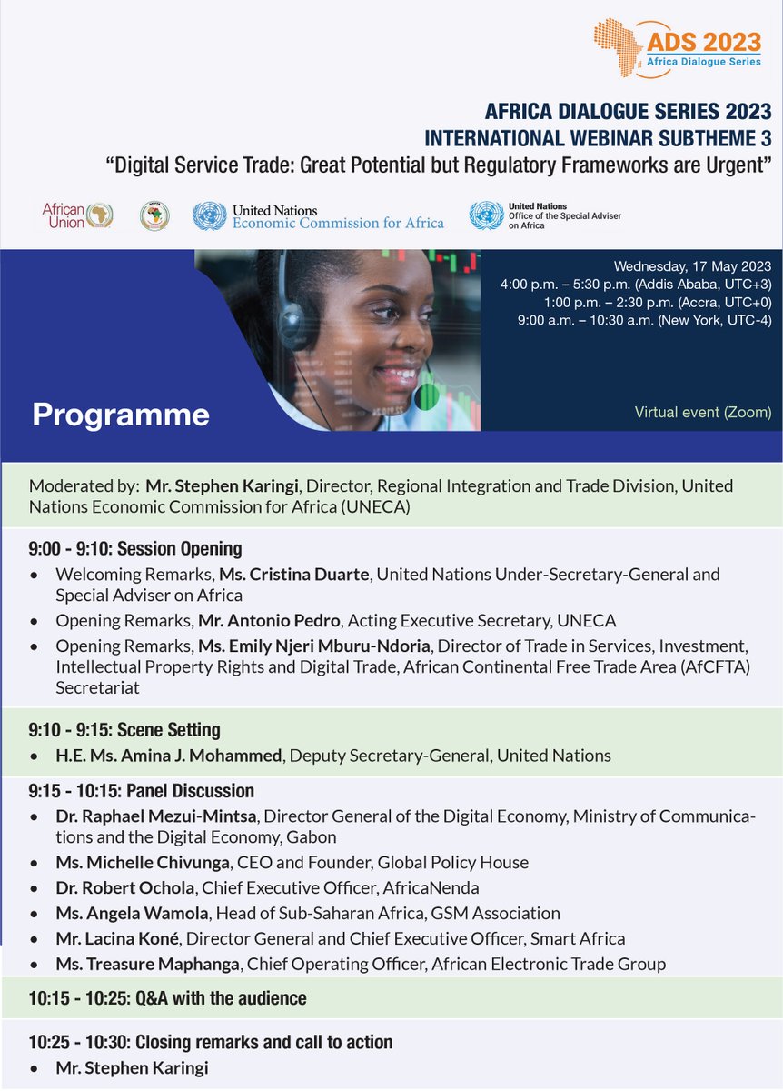 Join us today for the HLPF #ADS2023 on #digital trade in 🌍 with:
@snkaringi <a href="/Duarte_UNOSAA/">Cristina Duarte</a>, #AntonioPedro <a href="/ECA_OFFICIAL/">ECA</a> <a href="/MburuNdoria/">Emily Mburu-Ndoria</a> <a href="/AfCFTA/">AfCFTA Secretariat Official</a> <a href="/AminaJMohammed/">Amina J Mohammed</a> <a href="/treasuremaphang/">Treasure Maphanga</a> <a href="/michellechivung/">Michelle Chivunga N</a> <a href="/robert_ochola_/">Robert Ochola</a> #Angela <a href="/GSMA/">GSMA</a> @DGSmartAfrica
Register now: bit.ly/3pNq9I0