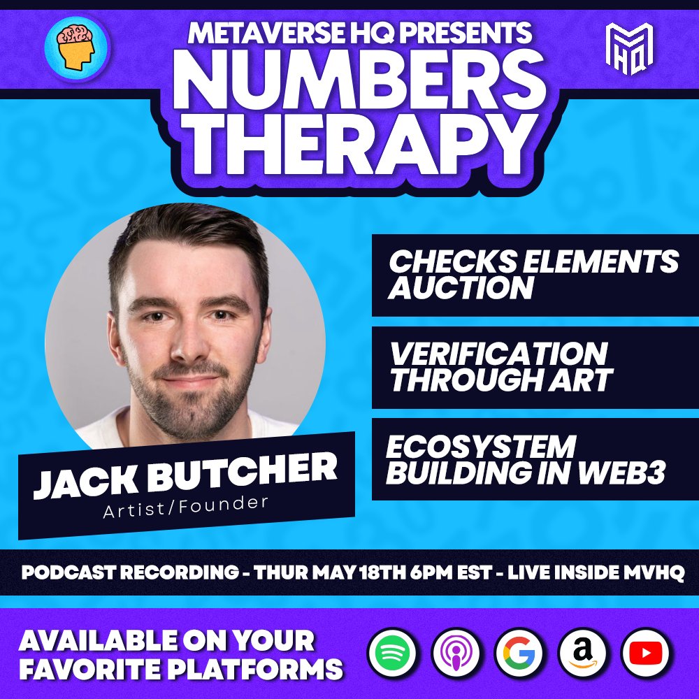 Metaverse_HQ's tweet photo. We welcome @jackbutcher โ, to the @NumbersTherapy Podcast to discuss:
โ His upcoming @ChristiesInc's auction
๐ผ๏ธ Verification through art
๐ Ecosystem Building in Web3
Join us Thursday at 6PM EST inside MVHQ for #NumbersTherapy https://t.co/7csrv5gSQT