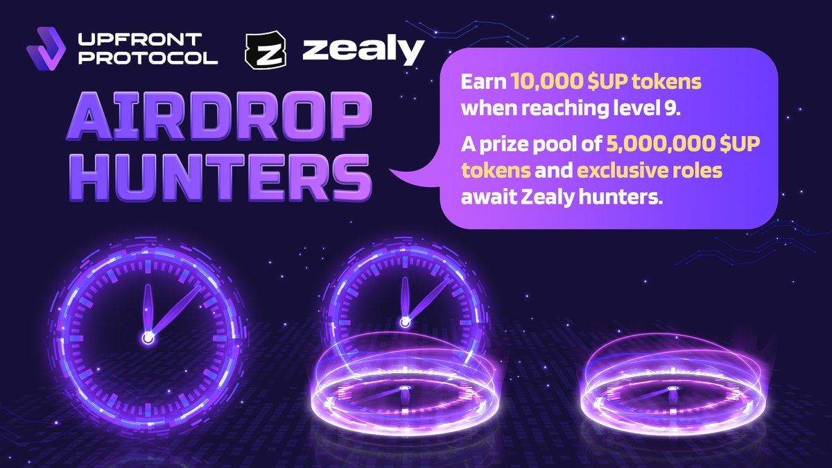 Introducing our exciting new #airdrop campaign on #Zealy 

👉 zealy.io/c/upfrontproto…

Earn an incredible 10,000 $UP tokens when you reach level 9.  

We have a massive prize pool of 5,000,000 $UP tokens waiting for all the Zealy hunters out there. 

#UpfrontProtocol #Crew3
