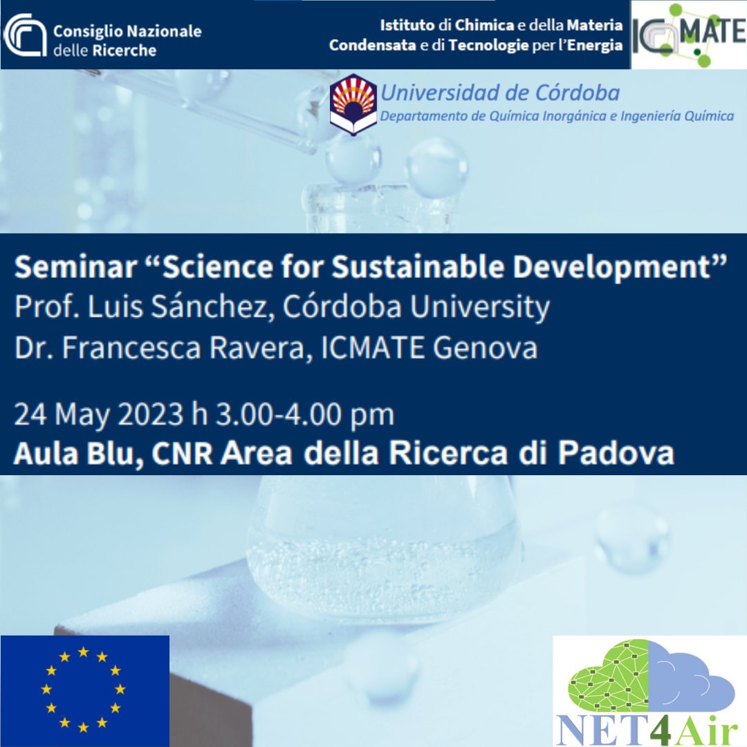cnr_icmate's tweet photo. ⚠️ Save the date! May 24 2023
A #NET4Air #seminar by prof. @LSanGran from @univcordoba and Dr. Francesca Ravera from @cnr_icmate on air and water purification
👉Streaming available via registration: https://t.co/gAHqIjB4E8
@CNRsocial_ @DiSC_UniPD https://t.co/sunQdJkEKX