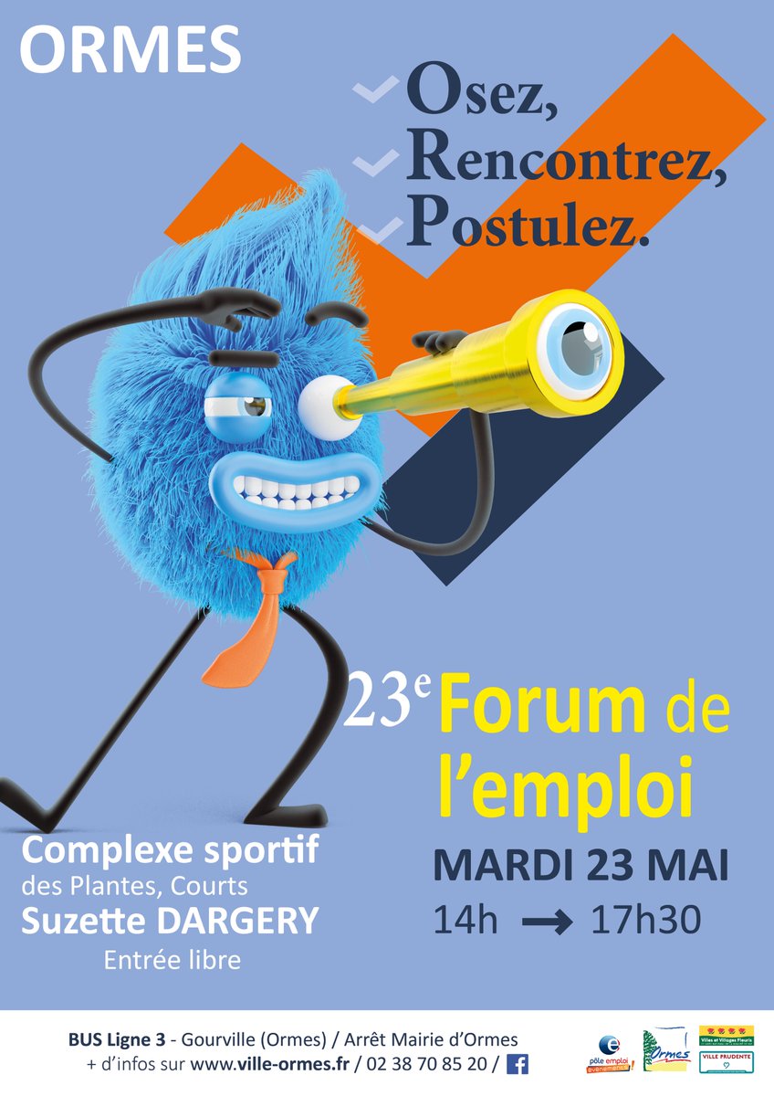 📅 Notre équipe Pôle emploi Orléans Ouest vous attend le mardi 2⃣3⃣ mai à partir de 14 heures : de nombreuses #offres d'#emplois, d'#immersions et de #formations à saisir 😉@poleemploi_RCVL <a href="/driss_1402/">Driss BOUGATTAYA</a> <a href="/patrick_boissy/">Patrick BOISSY</a>