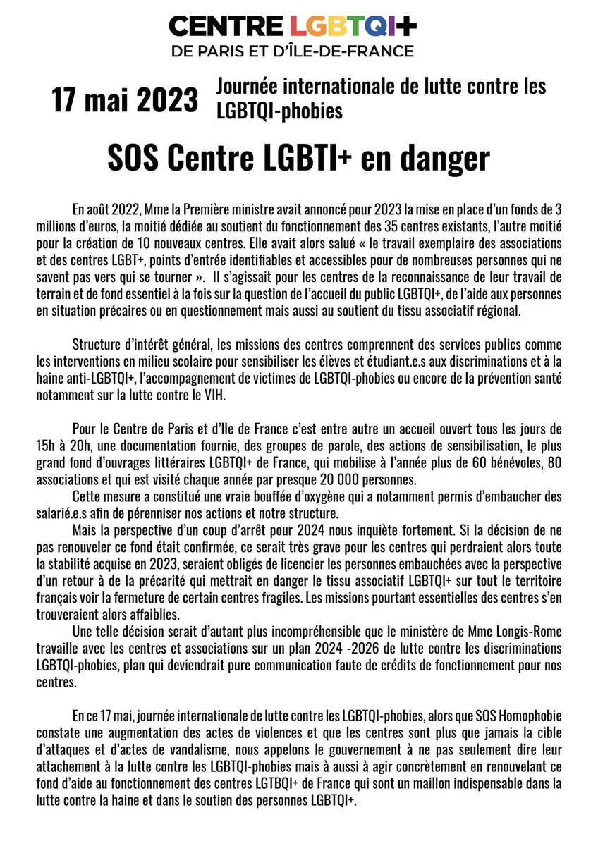 Ce #17mai  est l'occasion pour nous de rappeler le rôle essentiel des #CentresLGBTI partout en France et d'appeler à la pérennisation du fonds Cayeux pour pouvoir continuer de lutter efficacement contre les LGBTQI-phobies le 17 mai et tous les autres jours de l'année