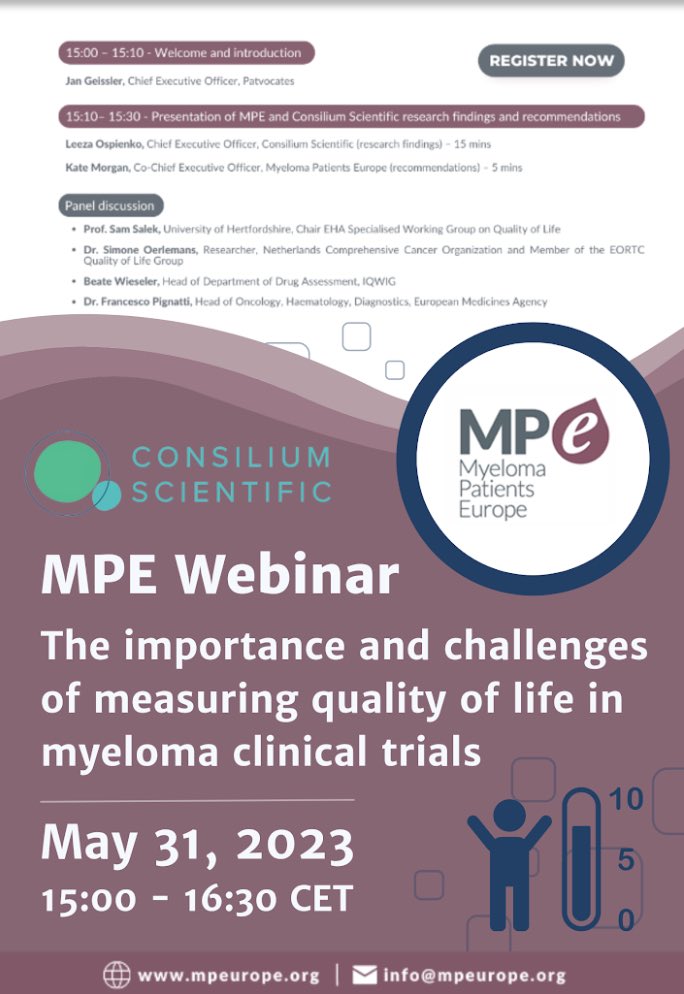 Join to learn the results of the Consilium’s @MyelomaEurope funded project on QoL in multiple myeloma trials @Care4Access @KateEMor_ @drkevinknopf @MyMKaiser @FrancoisMaignen @EricLow71 @MyelomaUK @patvocates @Jhickmana @peterbachmd @AaronGoodman33 @VincentRK @pash22 @IMFmyeloma