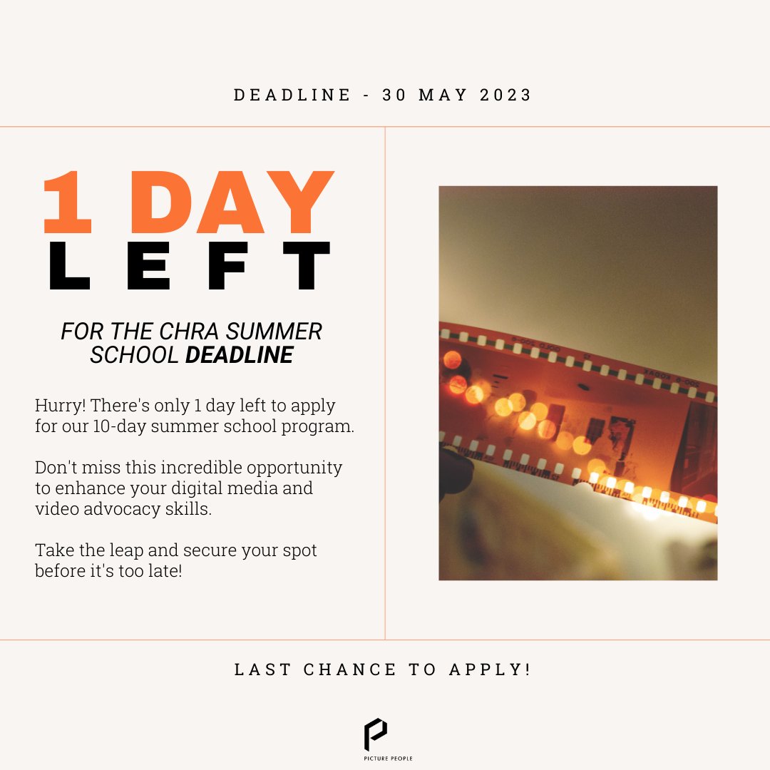 Just 1 day left to apply for our immersive Summer School in #Cinema #HumanRights and #Advocacy. 🎬

Join us in Venice Lido, #Italy
Apply by tomorrow, May 30, 2023! 📅
👉 picturepeople.org/summer-school-…
#CHRA2023 #venicefilmfestival #films #screenwriter #biennalecinema #filmindustry