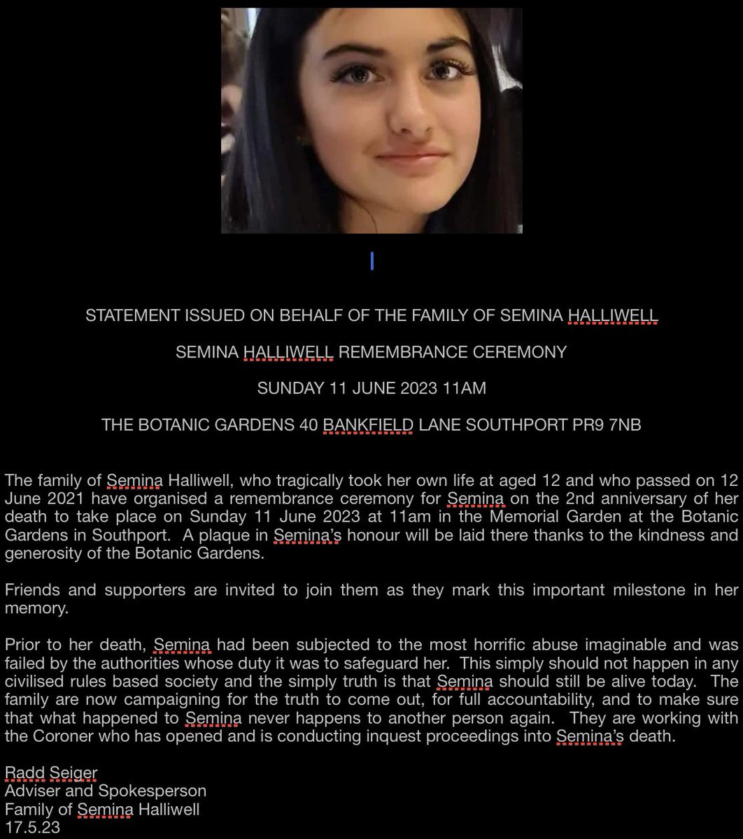 There is a Remembrance Ceremony for #SeminaHalliwell in Southport on the second anniversary of her death. 

Police failed to take her rape report seriously, she had been groomed. She was 12. Her family are seeking #JusticeForSemina

Please retweet and attend if you are able.