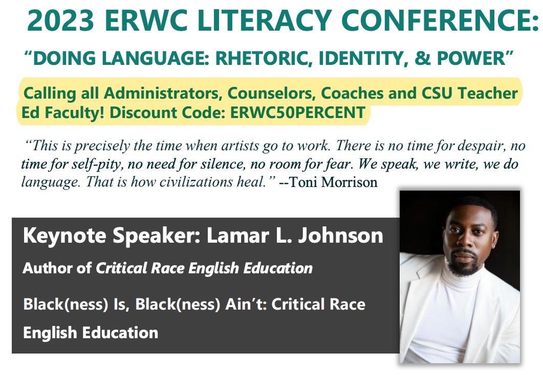 Only 6 days left to register for the 2023 #ERWC Literacy Conference! Instructional coaches receive 50% off the $75 reg fee. @CABEBEBILINGUAL @CATE_California @WRITE_Center @1sassyteach @MariamOgle @kmojpucci @CDECurriculum @CDE_SEL @MCOE_Now @OCDeptofEd writing.csusuccess.org/content/litera…