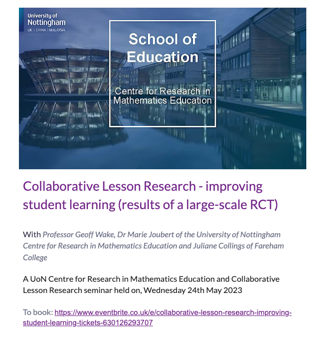 geoffwake1's tweet photo. Interested in #lessonstudy ?
@UoNSoE / @Collab_LR  now have two upcoming seminars
More details and registration links accessible at: https://t.co/hNeoKNol82 https://t.co/ArJaJPOrPP