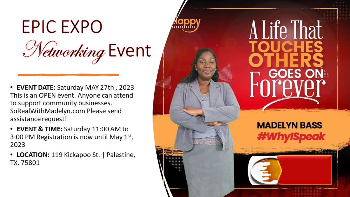 MadelynBass's tweet photo. Vendor at the 2023 #EpicExpo Networking Event May 27, 2023 at 119 Kickapoo St. Palestine Texas https://t.co/h46gVL0JZp