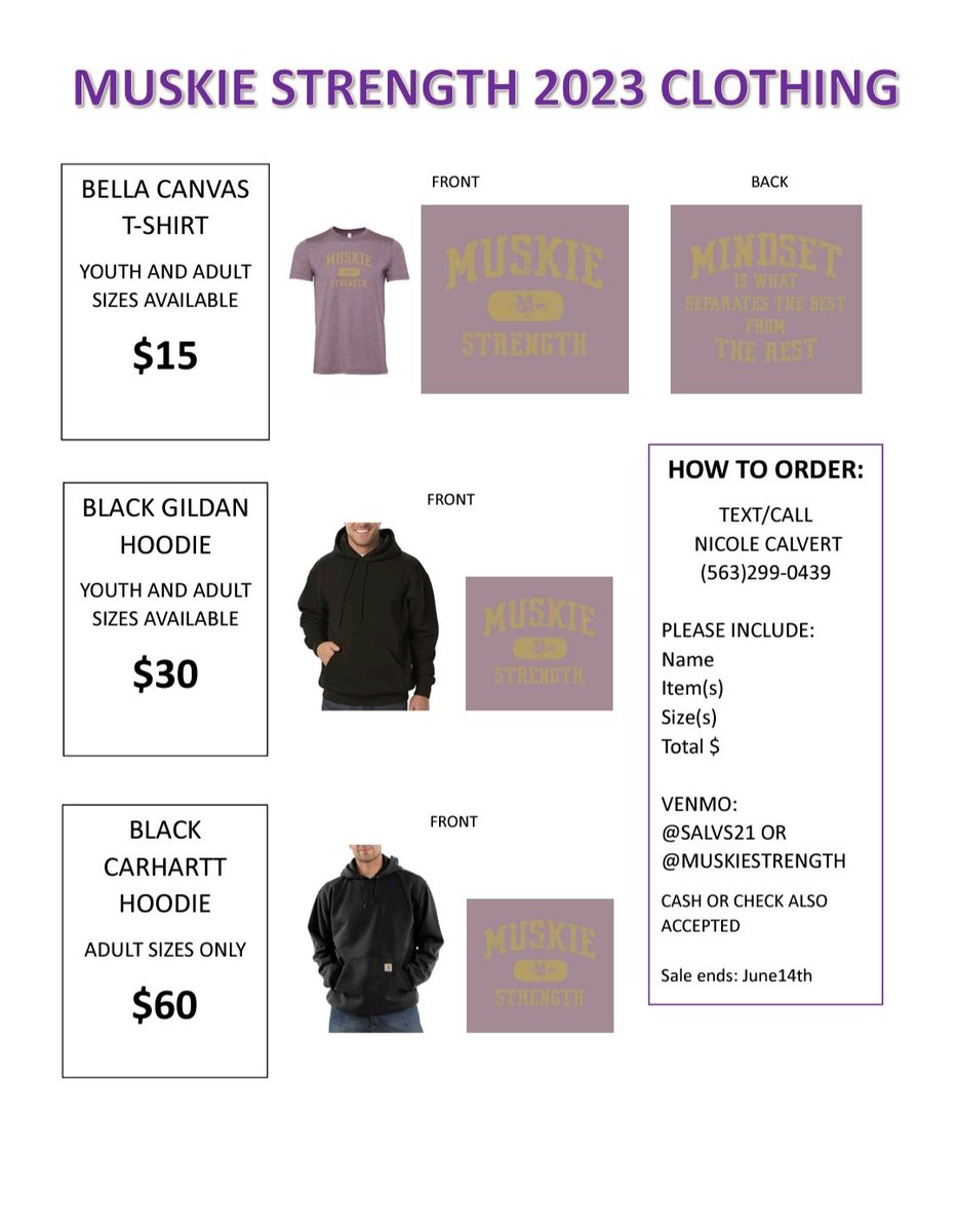 @MuskieStrength is selling t-shirt and hoodies this summer! The hoodies will be black, and the front design of the hoodies will match the t-shirt.

Sale ends June 14th.