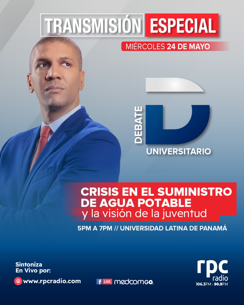 ESTE MIÉRCOLES 24 de mayo estaremos desde la Universidad Latina de Panamá con el DEBATE UNIVERSITARIO donde se analizará el tema <<𝑪𝒓𝒊𝒔𝒊𝒔 𝒆𝒏 𝒆𝒍 𝑺𝒖𝒎𝒊𝒏𝒊𝒔𝒕𝒓𝒐 𝒅𝒆 𝑨𝒈𝒖𝒂 𝑷𝒐𝒕𝒂𝒃𝒍𝒆 𝒚 𝒍𝒂 𝑽𝒊𝒔𝒊ó𝒏 𝒅𝒆 𝒍𝒂 𝑱𝒖𝒗𝒆𝒏𝒕𝒖𝒅>> 

Transmisión Especial.
