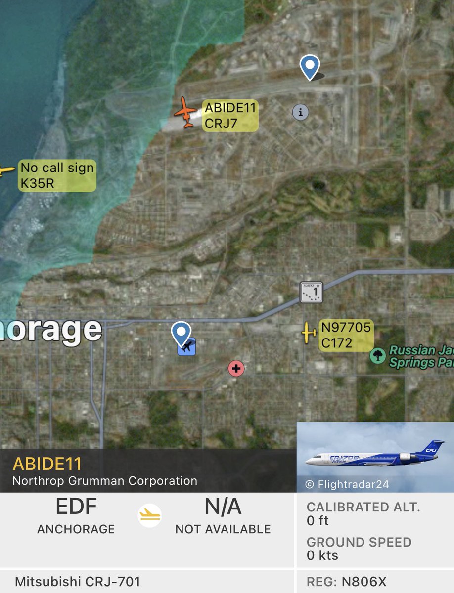 SCAN06 @northropgrumman’s CRJ testbed sporting some interesting callsigns while out in Alaska.

ABIDE11 and BLOOD61
#Aviation #AvGeek #haveglass #AvGeeks