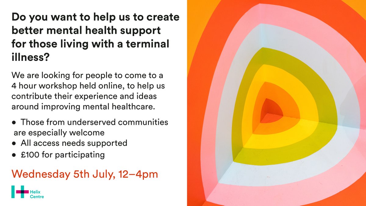helixcentre's tweet image. 📣Have you cared for someone at the end of life? Would you join us on July 5th for a 4 hour paid, online workshop to shape mental health care for those with a terminal illness? Those from underserved communities are especially welcome. Apply here: imperial.eu.qualtrics.com/jfe/form/SV_3W…