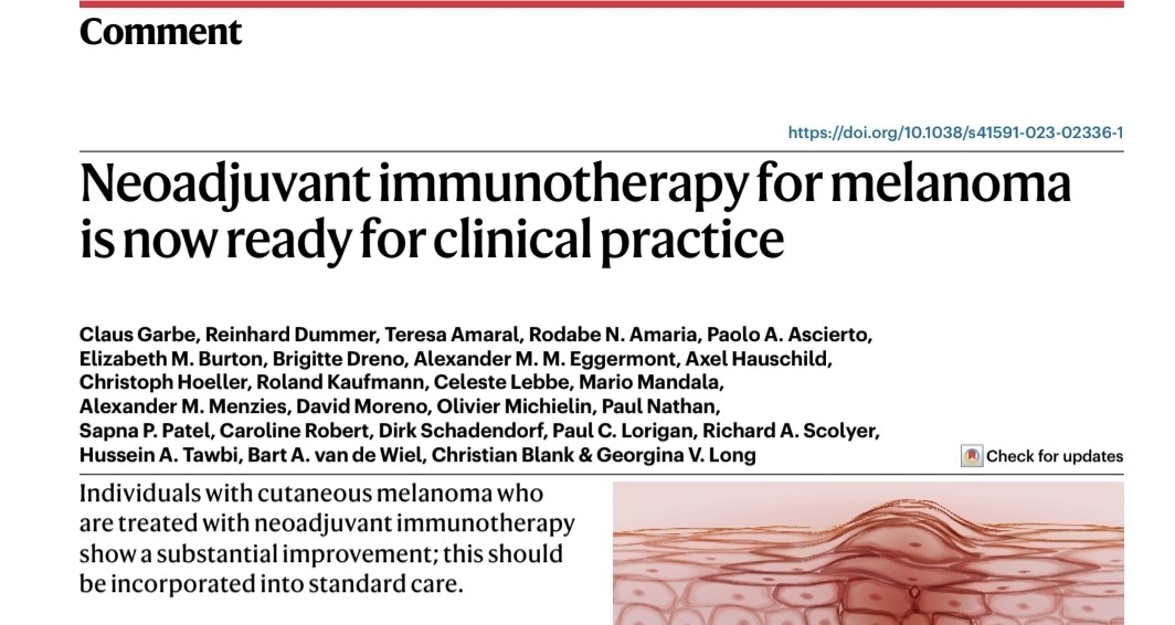 Teresa Amaral, MD, PhD (@teresasamaral) on Twitter photo #neoadjuvant #immunotherapy for #melanoma ready for clinical practice
<a href="/NatureMedicine/">Nature Medicine</a> <a href="/PAscierto/">Paolo A. Ascierto</a> <a href="/ProfGLongMIA/">Professor Georgina Long AO (Bluesky @gvlongphdmd)</a> <a href="/DrSapnaPatel/">Sapna Patel</a> <a href="/HTawbi_MD/">Hussein Tawbi, MD, PhD</a> @amenzies9
@ProfRScolyerMIA <a href="/MandalaMario/">Mario Mandala</a>
#SkinCancerAwarenessMonth
nature.com/articles/s4159… #neoadjuvant #immunotherapy for #melanoma ready for clinical practice
<a href="/NatureMedicine/">Nature Medicine</a> <a href="/PAscierto/">Paolo A. Ascierto</a> <a href="/ProfGLongMIA/">Professor Georgina Long AO (Bluesky @gvlongphdmd)</a> <a href="/DrSapnaPatel/">Sapna Patel</a> <a href="/HTawbi_MD/">Hussein Tawbi, MD, PhD</a> @amenzies9
@ProfRScolyerMIA <a href="/MandalaMario/">Mario Mandala</a>
#SkinCancerAwarenessMonth
nature.com/articles/s4159…