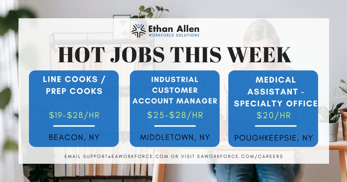 EthanAllenWFS's tweet image. Check out our newest job openings this week: #LineCooks / #PrepCooks in #Beacon, NY, #IndustrialCustomerAccountManager in #Middletown, NY, and a #MedicalAssistant (specialty office) in #Poughkeepsie, NY. Search these specific job titles on our website: eaworkforce.com/careers/#/