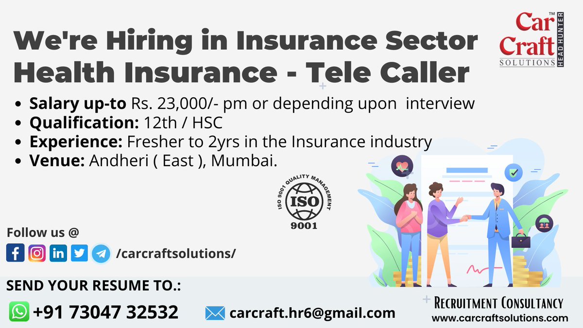 Urgent Openings in Insurance Sector in Mumbai

◼️Location: Andheri 

Interested Candidates E-mail their resumes to carcraft.hr6@gmail.com 

#graduate2023 #jobinterview #Mumbai #MumbaiMeriJaan #insurance #insurancesamadhan #healthinsurance #recruitment #Recruiting #HIRINGNOW