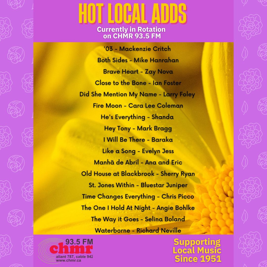 CHMR (@chmrmunradio) on Twitter photo Tune in to 93.5 F.M. to hear a shiny new crop of #hotlocaladds this Spring! <a href="/_MusicNL_/">MusicNL</a>
<a href="/NLMusicians/">AFM/CFM Local 820</a> <a href="/ZayNovaNL/">Zay Nova</a> <a href="/ian_foster/">Ian Foster</a>
<a href="/braggish/">Mark Bragg</a> <a href="/evelynjessmusic/">Evelyn Jess</a> @anaericmusic <a href="/SSSherryRyan/">Sherry Ryan</a> <a href="/chrispiccomusic/">Chris Picco</a> <a href="/angiebohlke/">Angie Bohlke Coffey</a>
<a href="/selinaboland/">Selina Boland</a> + more!📷chmr.ca Tune in to 93.5 F.M. to hear a shiny new crop of #hotlocaladds this Spring! <a href="/_MusicNL_/">MusicNL</a>
<a href="/NLMusicians/">AFM/CFM Local 820</a> <a href="/ZayNovaNL/">Zay Nova</a> <a href="/ian_foster/">Ian Foster</a>
<a href="/braggish/">Mark Bragg</a> <a href="/evelynjessmusic/">Evelyn Jess</a> @anaericmusic <a href="/SSSherryRyan/">Sherry Ryan</a> <a href="/chrispiccomusic/">Chris Picco</a> <a href="/angiebohlke/">Angie Bohlke Coffey</a>
<a href="/selinaboland/">Selina Boland</a> + more!📷chmr.ca