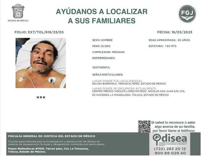 #Urgente BUSCAMOS A SUS FAMILIARES... 🔍🚨
#ServicioSocial 

Se solicita su ayuda para localizar a los familiares de esta persona que fuera localizada en #Temascaltepec, #Edomex.
Actualmente se encuentra en el Centro Médico "Adolfo López Mateos" de #Toluca.
