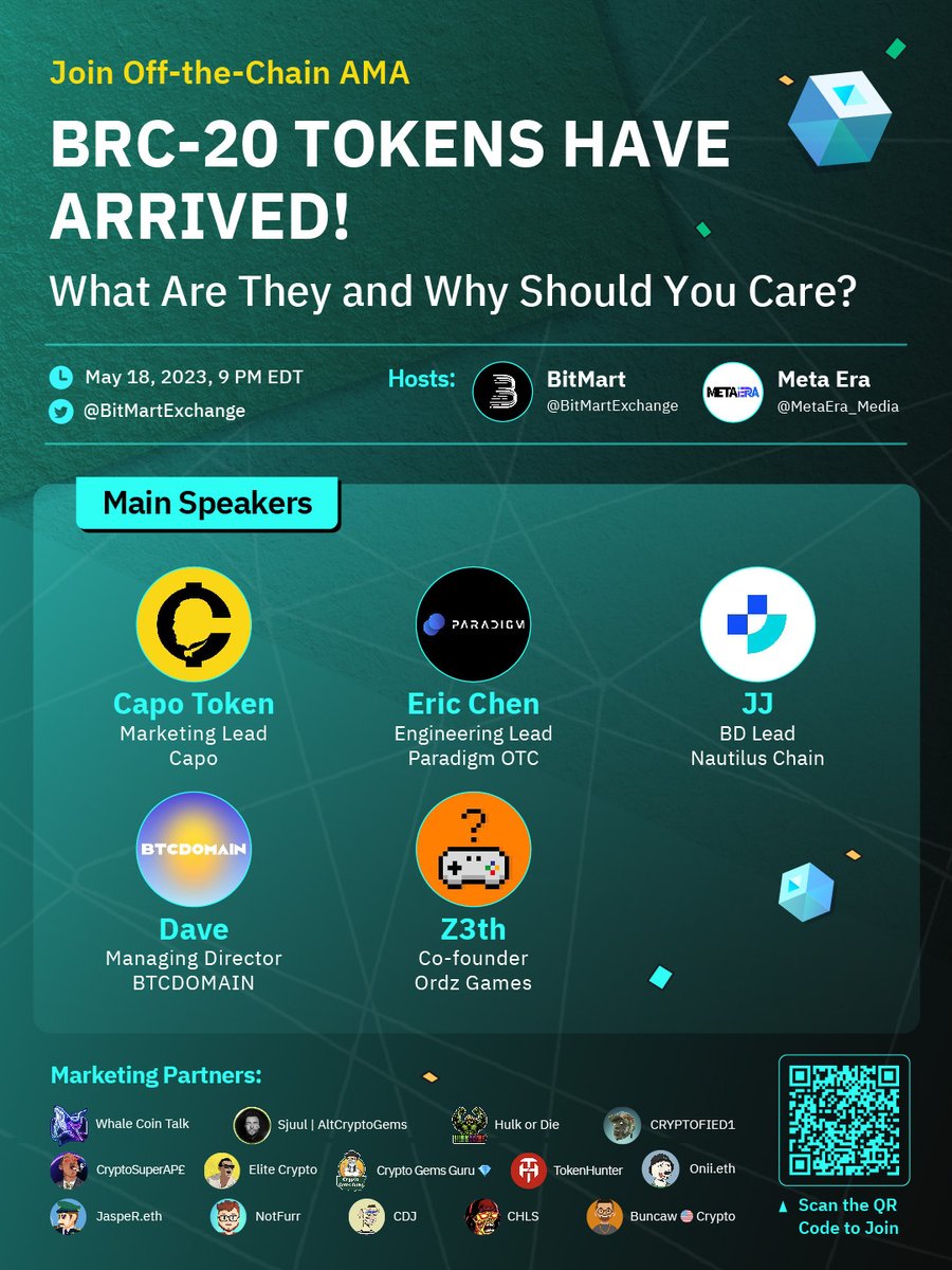 BitMartExchange's tweet photo. 🚨#AMA Alert🚨
What are #BRC20 tokens and why should you care? 🧐
Join our new AMA to learn more about #BRC20Token with project leaders hosted by #BitMart & @MetaEra_Media!
⏰ 9 PM EDT, May 18
🔔Set a reminder: https://t.co/SEinTBZpHE
#BitMartOffTheChain https://t.co/Oaur7LoON8