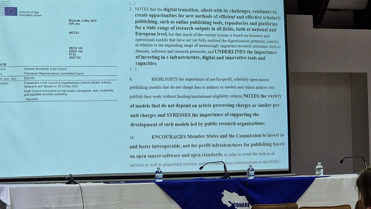 petrknoth's tweet image. Eloy Rodriguez showing that the European Commission stressing the importance of publishing models that do not charge fees, i.e. no APCs and no subscription. Support #GreenOA Support #OpenInfrastructures @COAR_eV