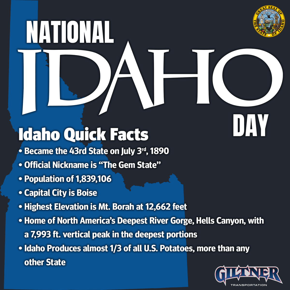 We may be all over the #UnitedStates, but our roots happily reside in #Idaho. 🌎 How many of these facts did you know?☑️ #NationalIdahoDay #HomeSweetHome #LetsGetYouHome #OurRoots #IdahoNative #Trucking #KeepAmericaMoving #GoWithGiltner #GiltnerGoesFurther #Giltner #TheBetterMove