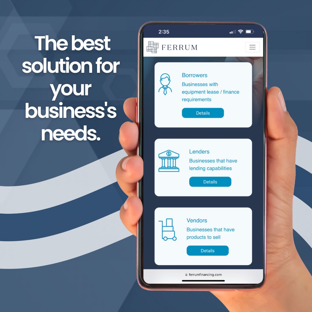 FerrumInc's tweet photo. Ferrum offers a range of financing options to fit your unique needs, including term loans, lines of credit, and residual leases. 

💻 Sign up for a FREE demo on our website and see it in action! Request your demo today at https://t.co/lcbFWf1gwj https://t.co/G9T2fQ7r1y