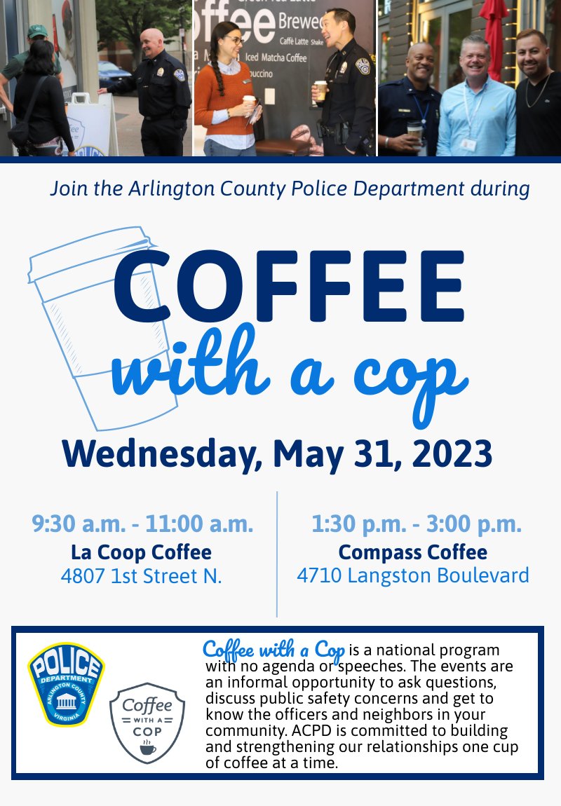 Campbell Elementary PTA (@campbell_pta) on Twitter photo #RT <a href="/CampbellAPS/">Maureen Nesselrode</a>: RT <a href="/ArlingtonVaPD/">ArlingtonCountyPD</a>: ACPD's Coffee with a Cop events are just 2 weeks away! Mark your calendars & join us for an opportunity to meet the officers that protect and serve the Arlington community. ☕️
•La Coop Coffee (4807 1st St. N.) 9:3… #RT <a href="/CampbellAPS/">Maureen Nesselrode</a>: RT <a href="/ArlingtonVaPD/">ArlingtonCountyPD</a>: ACPD's Coffee with a Cop events are just 2 weeks away! Mark your calendars & join us for an opportunity to meet the officers that protect and serve the Arlington community. ☕️
•La Coop Coffee (4807 1st St. N.) 9:3…