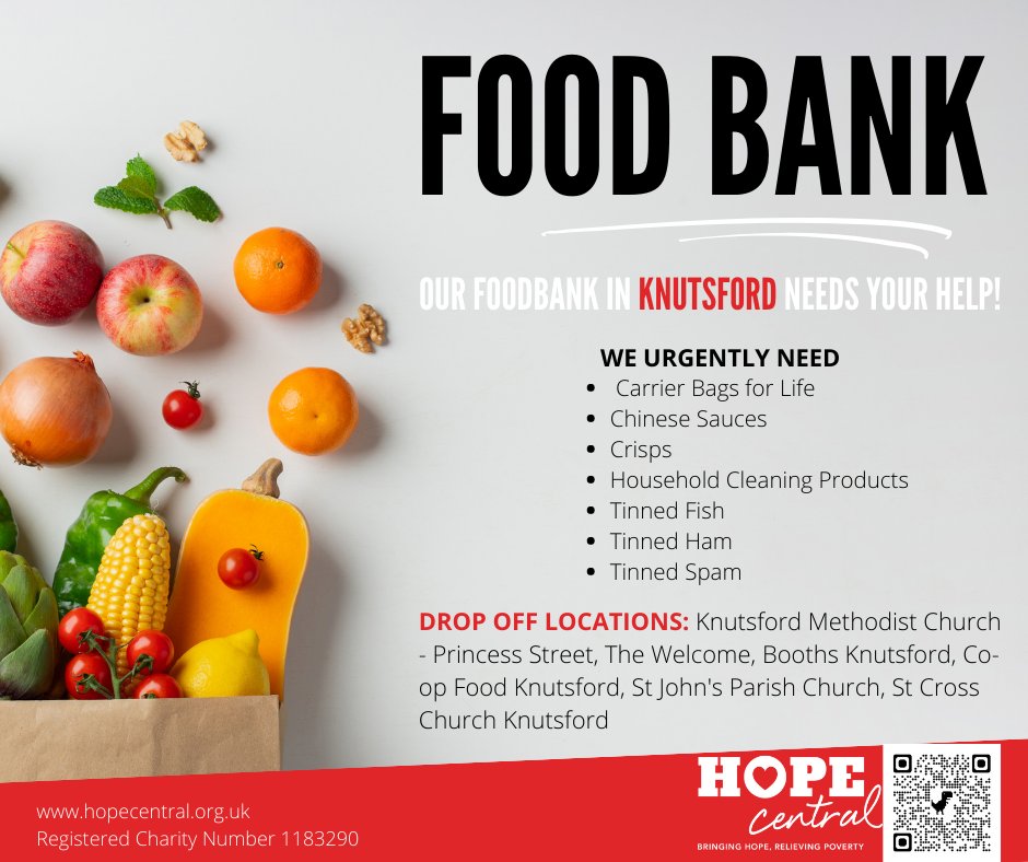 Our food bank in Knutsford needs your help! We urgently need carrier bags for life, Chinese sauces, crisps, household cleaning products, tinned fish, tinned ham, tinned spam.

Thank you for your constant support.