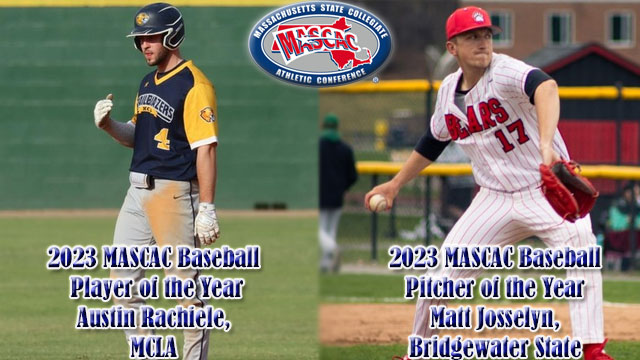 mascacsports's tweet image. Austin Rachiele of @MCLAAthletics and Matt Josselyn of @bsubears are the 2023 #MASCAC Baseball Player and Pitcher of the Year. James Gilleran of @fsurams is ROY while the Rams' Sean Callahan is @BSNSPORTS COY. mascac.prestosports.com/sports/bsb/202… #d3baseball #MASCACpride