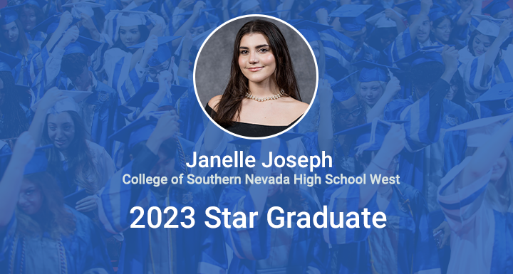 ClarkCountySch's tweet photo. Janelle Joseph is being recognized as @CSNHSROCKS West 2023 Star Grad! Janelle has pursued a rigorous college prep program to achieve her goals. Read more about her story here:https://t.co/JDkgOnCJT1 #StarGrad #WeAreCCSD https://t.co/qcJDTxMORc