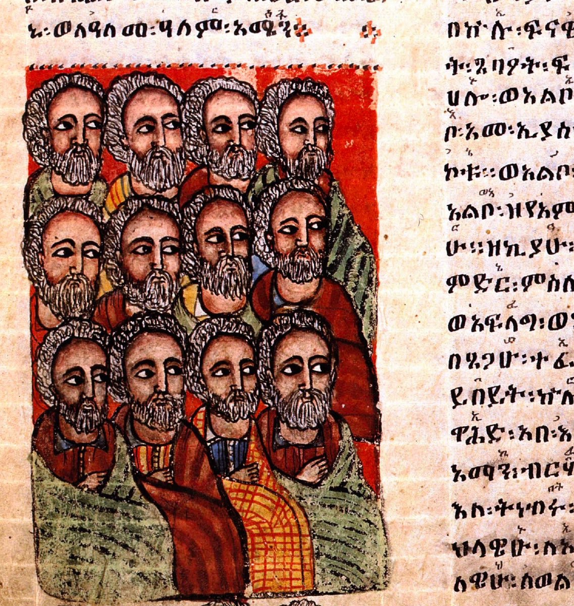 ArtEthiopic's tweet photo. The Holy Apostles carefully examining both text and musical notation #apostles #music #manuscript #musicalnotation #melekket #africanmusic #africanart https://t.co/k7ObBSZVgM