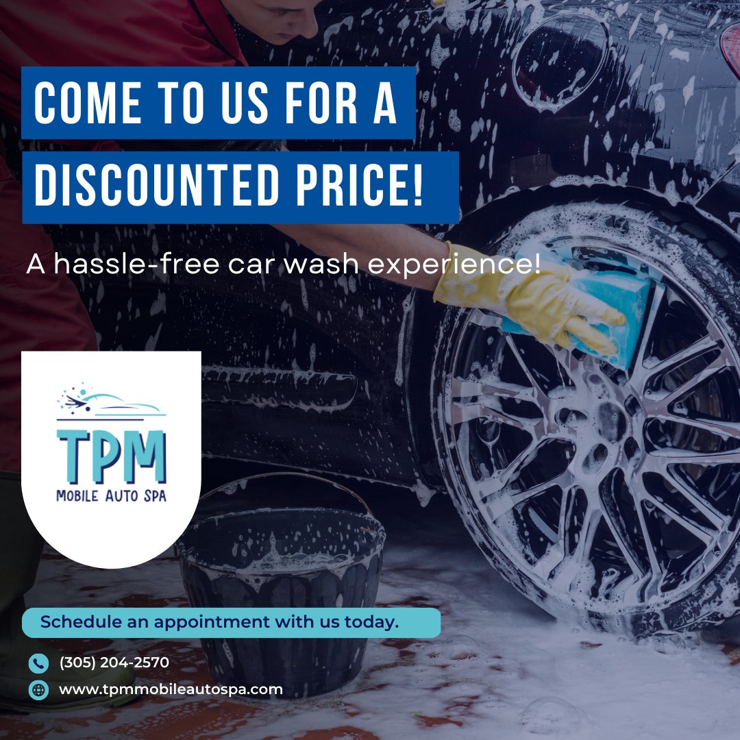 Get a sparkling clean car without the hassle! 🚗💦 Come to TPM Mobile Auto Spa for a discounted price on our hassle-free car wash services. 
Visit us: tpmmobileautospa.com 
Best car wash in the whole town
#DiscountedPrice #CarWash #HassleFree #Detailing #Clean #MobileAutoSpa