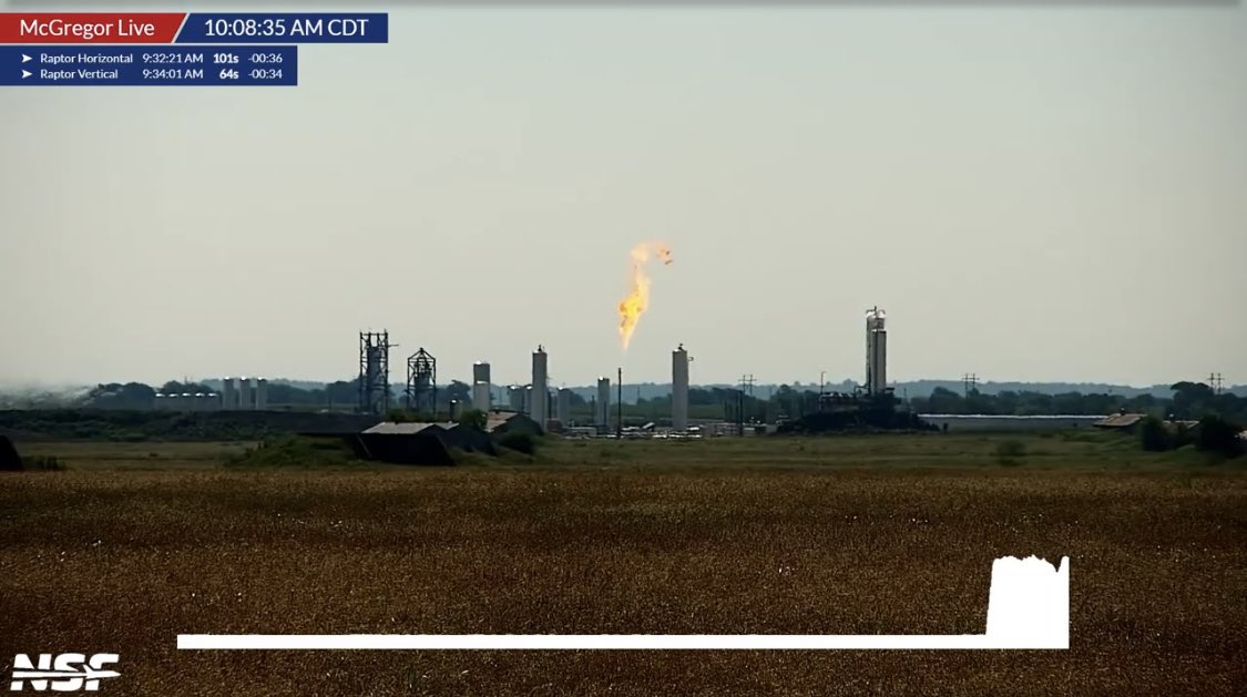 bluemoondance74's tweet photo. The Raptor engine at the Horizontal stand soon roared back to life, followed by the F9 Second Stage stand with a Merlin Vacuum-optimized engine. 

#McGregorTX #SpaceXTests https://t.co/2tkMOcGfKK
