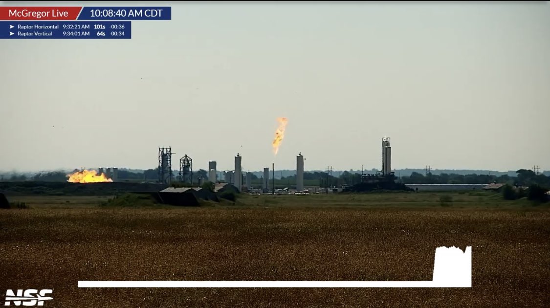 bluemoondance74's tweet photo. The Raptor engine at the Horizontal stand soon roared back to life, followed by the F9 Second Stage stand with a Merlin Vacuum-optimized engine. 

#McGregorTX #SpaceXTests https://t.co/2tkMOcGfKK