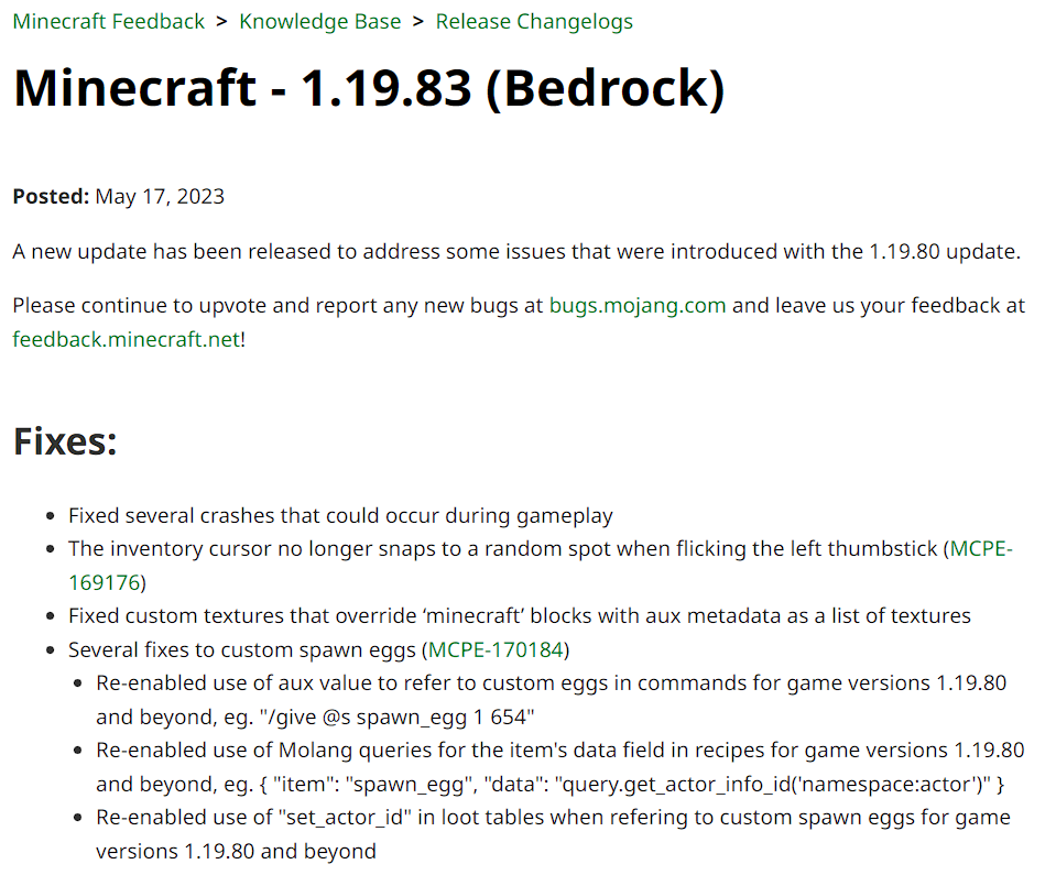 Minecraft - 1.19.80 (Bedrock) – Minecraft Feedback