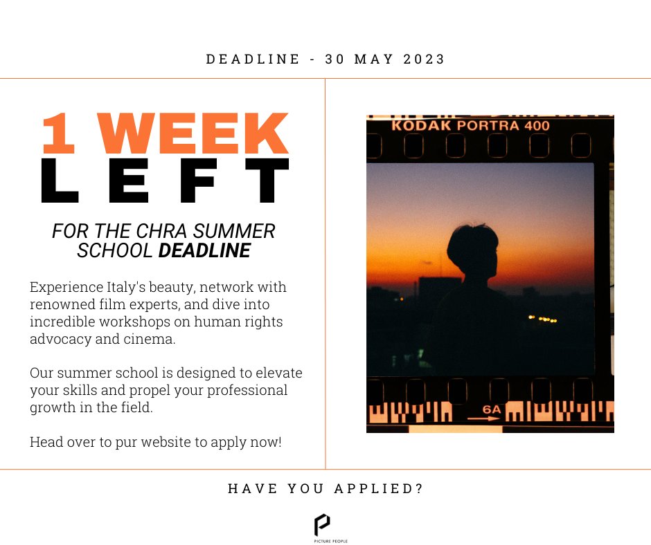 📣 1 week left to apply for the ultimate summer school experience!

🌟 Join us at the 18th edition of the Summer School in #Cinema #HumanRights and #Advocacy.

Apply by May 30, 2023
👉 picturepeople.org/summer-school-…

#CHRA2023 #Filmindustry #filmwork #filmworkshop  #venicefilmfestival