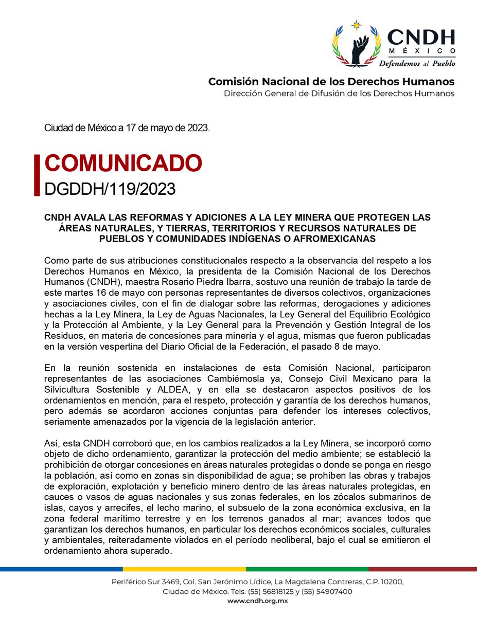 CNDH's tweet photo. Avalamos las reformas y adiciones a la Ley Minera que protegen las áreas naturales y tierras, territorios y recursos naturales de pueblos y comunidades #Indígenas o #Afromexicanas.

#DefendemosAlPueblo https://t.co/harjh1vJpN