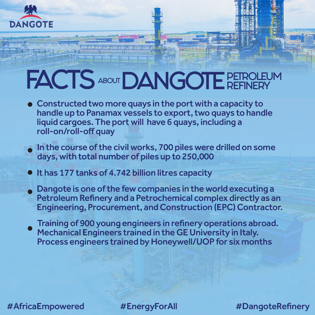 DangoteGroup's tweet image. Some facts about Dangote Petroleum Refinery that you should know
#WeAreDangote #EnergyForAll #AfricaEmpowered #DangoteRefinery