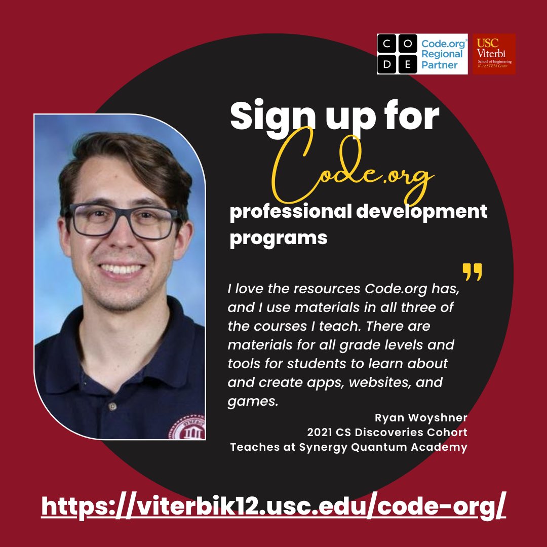 ViterbiSTEM's tweet photo. Hear what Ryan Woyshner has to say about https://t.co/18gkpKWivz! 

Sign up for our professional development programs today.

Make sure to tag us and use the hashtag #teachcodewithusc 
FIGHT ON!
#stemeducation #blackgirlscodedc #stemengineering #stemlearning #hourofcode https://t.co/ZQ7ALlA5SX
