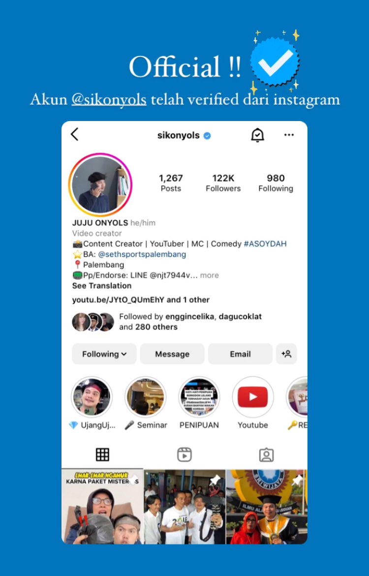 Alhamdulillah 8 tahun jadi konten kreator di <a href="/instagram/">Instagram</a>, akhirnya ig: <a href="/sikonyols/">JUJU Onyols</a> dapet verified juga. Aaaah terharu !! 😭😭 #Asoydah