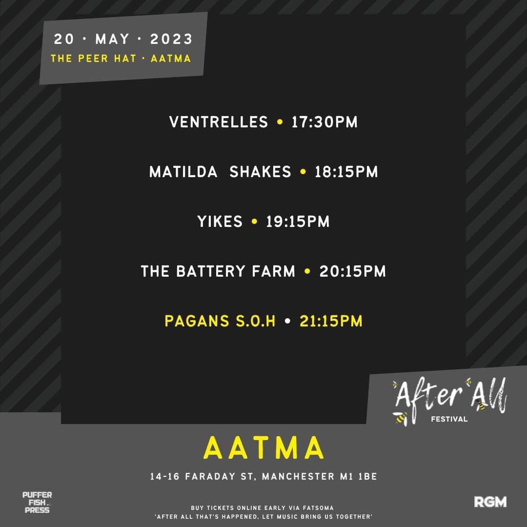 Headlining The Punk Stage (@AatmaVenue) is @the_pagans!

Supported by @TheBatteryFarm, @yikes_theband, @MatildaShakes & @Ventrellesound!

Sponsored by @RGMMAGAZINE & @PufferfishPress!

Get your tickets now: fatsoma.com/e/t13wrldj/aft…!