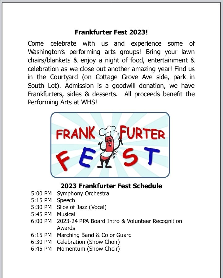 whsppa's tweet photo. Join us tomorrow night for Frankfurter Fest!  Show starts at 5pm in the courtyard at WHS, bring lawn chairs &amp; your appetite!  This event is goodwill donation, hope to see you there! #TheWarriorWay #CWR #FFF https://t.co/tZHxUwvDsY