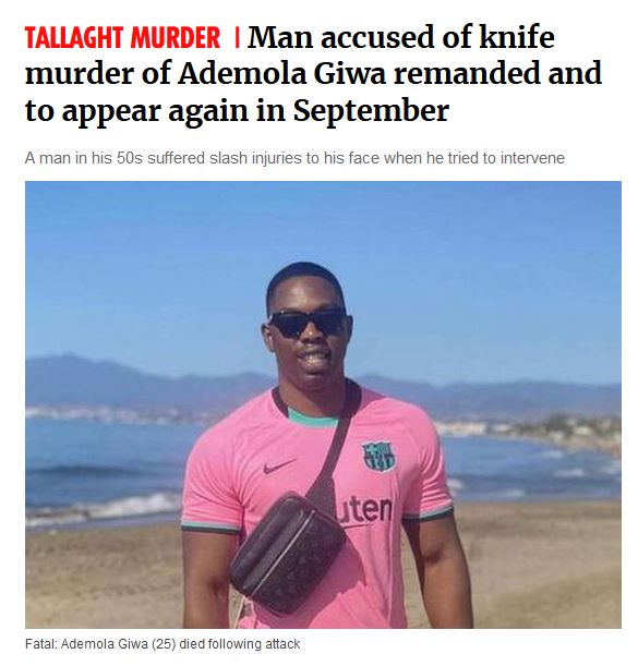 DiversityinIre1's tweet photo. Nigerian man John Titiloye (28) fatally stabbed former friend, Nigerian man Ademola Giwa (25), in the neck after a row over a small debt and a stolen scooter in Tallaght on 10/08/2021.
Titiloye's father (50s) also suffered slash injuries to his face after he tried to intervene. https://t.co/77DKITtqBU