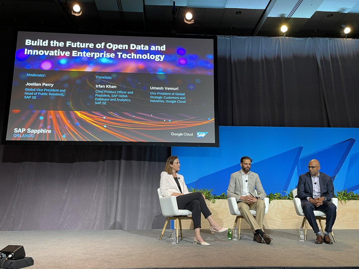 tcrawford's tweet photo. Next up: @joellenperry kicks off panel discussion w/ @i_kHANA and @googlecloud’s @UmeshVemuri for a discussion about business data and the future of Open Data.

#CIO #data #SAPSapphire https://t.co/9t6Tpop6dE