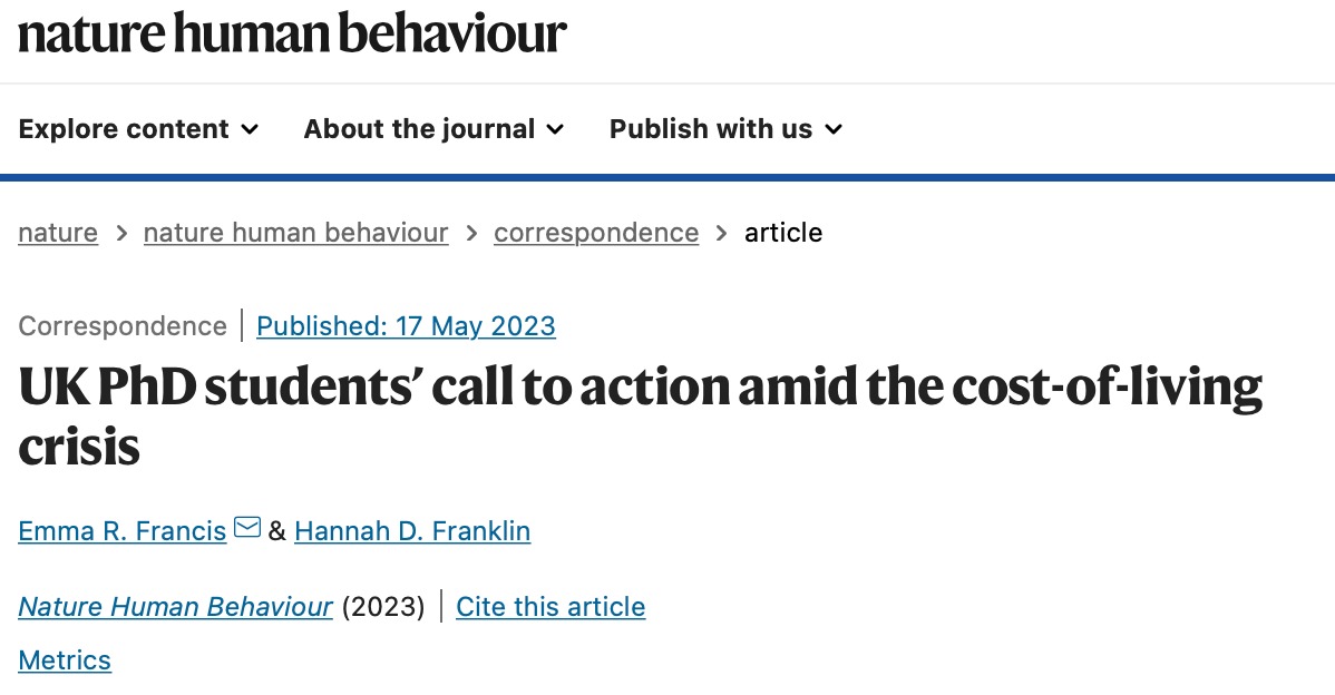 Dr Emma Francis (@emmarubyfrancis) on Twitter photo NEW Correspondence published in <a href="/NatureHumBehav/">Nature Human Behaviour</a> today by Hannah Franklin <a href="/neuroblonde/">Dr Hannah Franklin</a> and I:
UK PhD Students’ Call to Action Amid The Cost-of-living Crisis
Link to access here -> rdcu.be/dcmnQ (1/5) NEW Correspondence published in <a href="/NatureHumBehav/">Nature Human Behaviour</a> today by Hannah Franklin <a href="/neuroblonde/">Dr Hannah Franklin</a> and I:
UK PhD Students’ Call to Action Amid The Cost-of-living Crisis
Link to access here -> rdcu.be/dcmnQ (1/5)