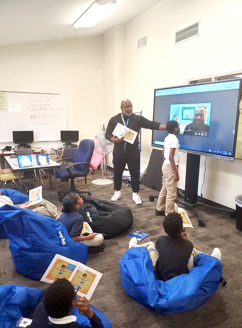 AlcPanthers's tweet photo. Florida Author, Farrah Donaldson, hosts an interactive session with our elementary M&amp;M's boys club! The kids love his books and want to see more of "What will LaRay do today" Diverse authors are important! @fldizzle79 @LearnLuv2 @TheExecEFFECT @AliefISD @AlcPanthers #Aliefleads https://t.co/sSIGLZphCg